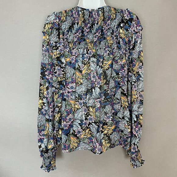 Floral Blouse Sheer Long Sleeve FLAWED Shirred Smocked Ruffles Blue Long Sleeve - Picture 2 of 15